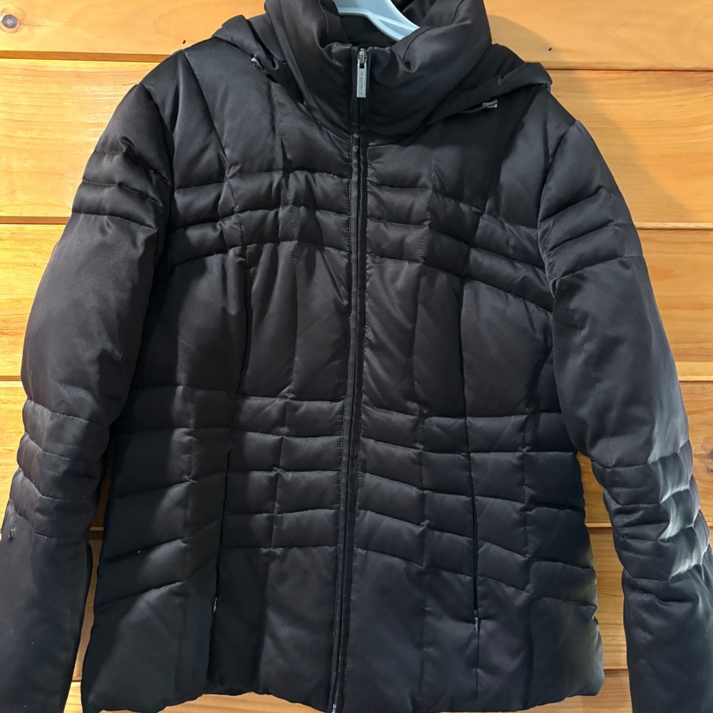 Calvin Klein Womens Black Down Hooded Puffer Jacket Fleece Lined Size L